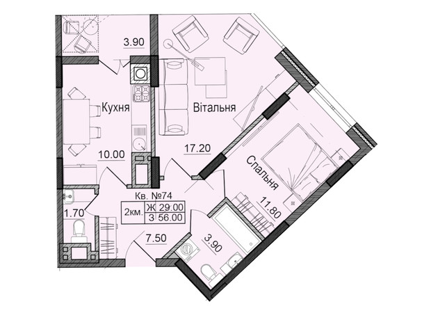 ЖК Акварелі Проспекту: планування 2-кімнатної квартири 56 м²