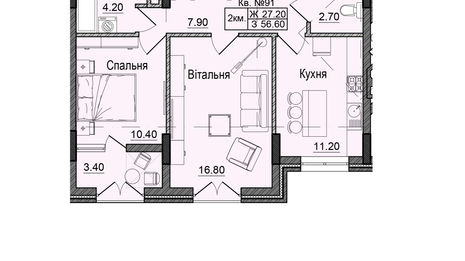 Планировка 2-комнатной квартиры в ЖК Акварели Проспекта 56.6 м², фото 337808