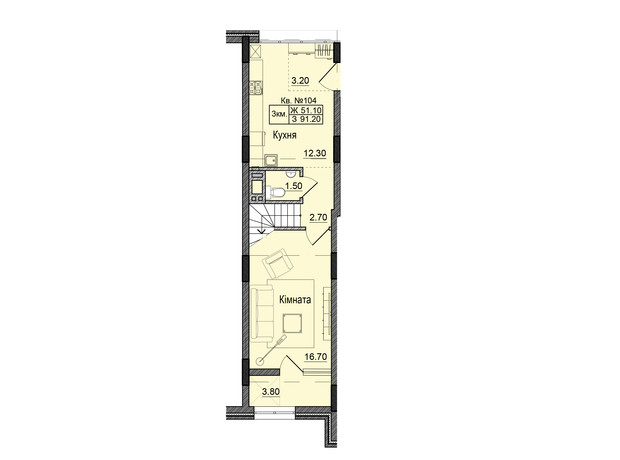 ЖК Акварели Проспекта: планировка 3-комнатной квартиры 91.2 м²