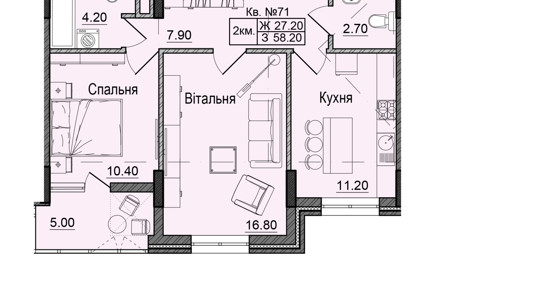 Планування 2-кімнатної квартири в ЖК Акварелі Проспекту 58.2 м², фото 337832