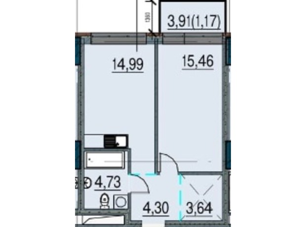 ЖК Простір на Інглезі: планування 1-кімнатної квартири 44.29 м²