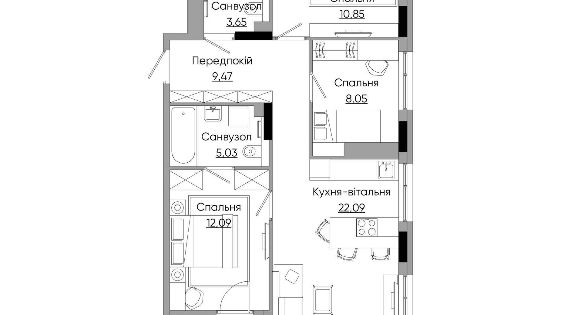 Планування 3-кімнатної квартири в ЖК Lucky Land 75.52 м², фото 338047