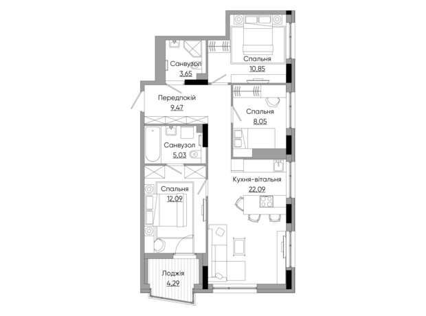 ЖК Lucky Land: планировка 3-комнатной квартиры 75.52 м²