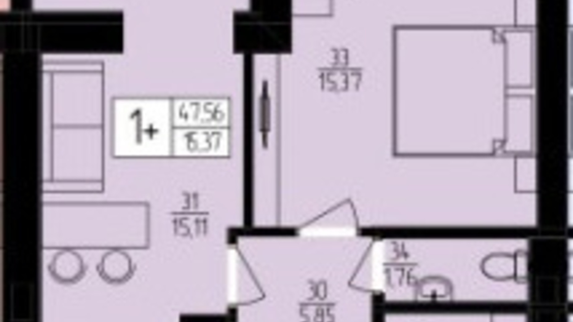 Планування 1-кімнатної квартири в ЖК Harmony for you 47.56 м², фото 338125