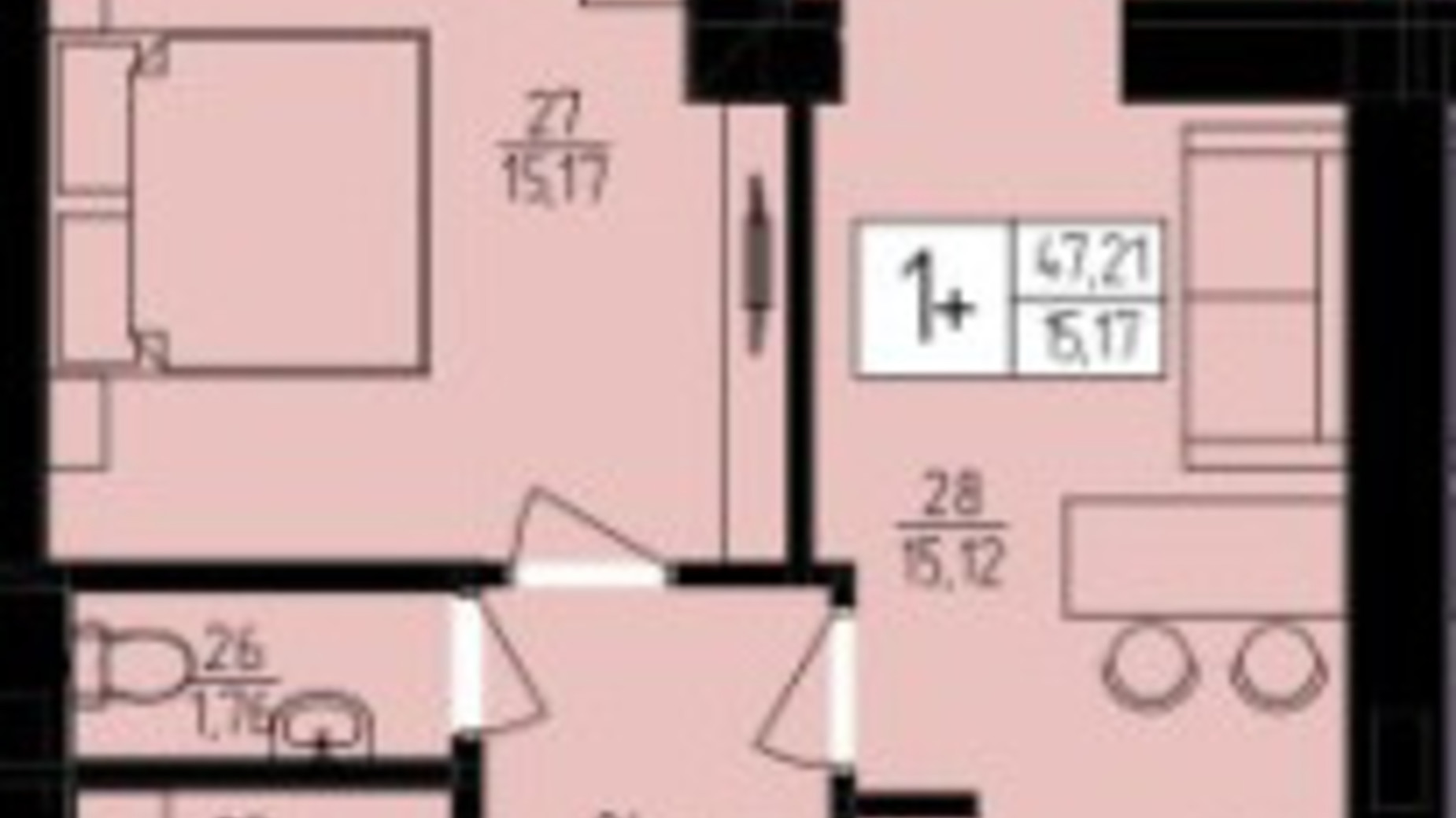 Планування 1-кімнатної квартири в ЖК Harmony for you 47.21 м², фото 338127