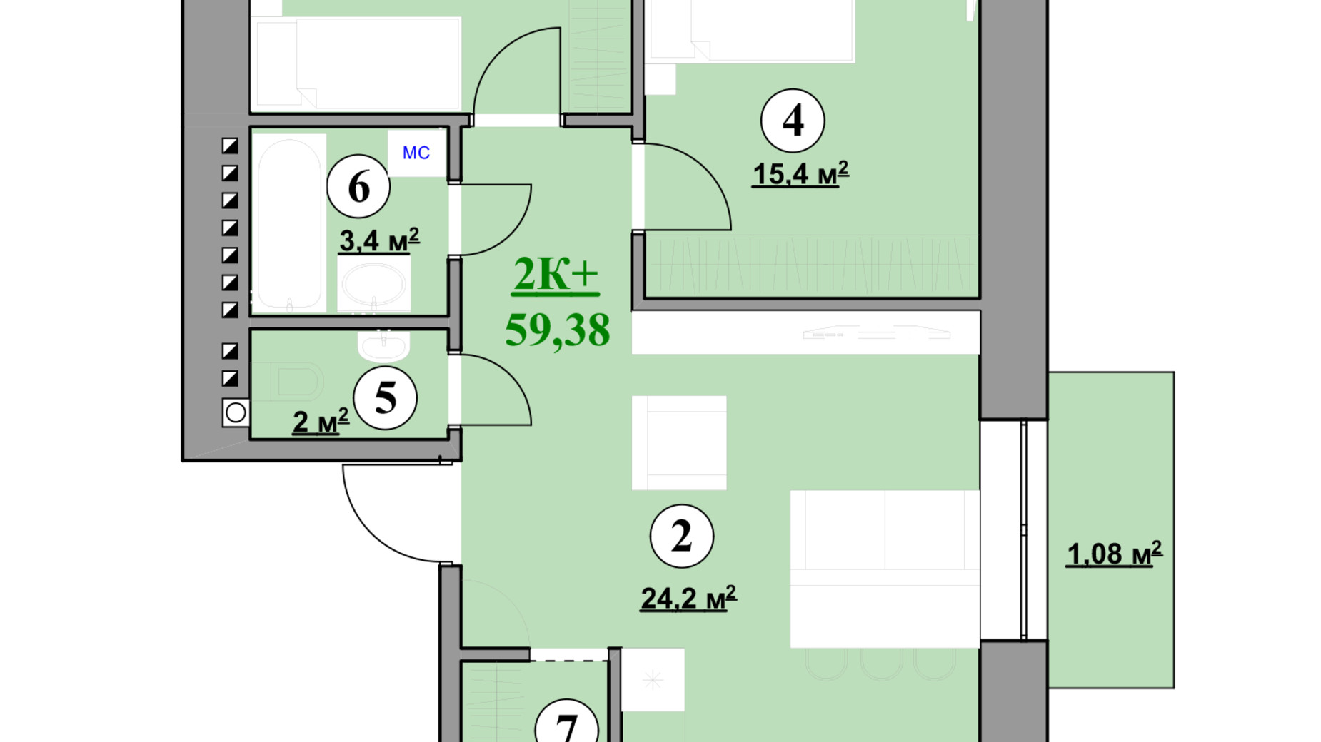 Планування 2-кімнатної квартири в ЖК Park House 59.38 м², фото 338302