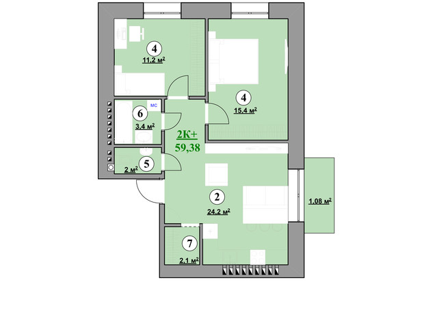 ЖК Park House: планування 2-кімнатної квартири 59.38 м²