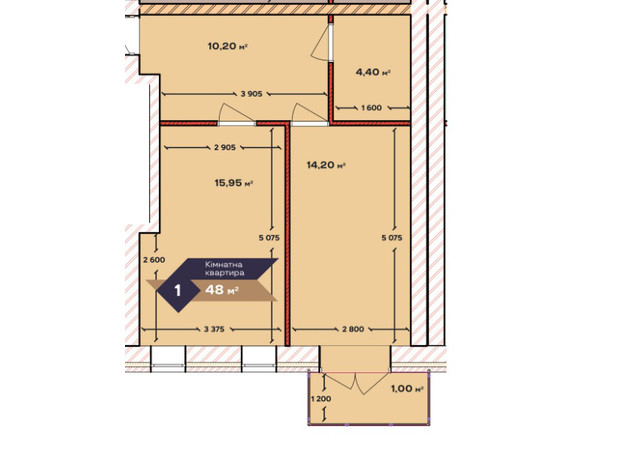 ЖК Status Residence : планировка 1-комнатной квартиры 48 м²