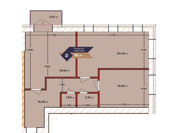 ЖК Status Residence : планування 2-кімнатної квартири 70 м²