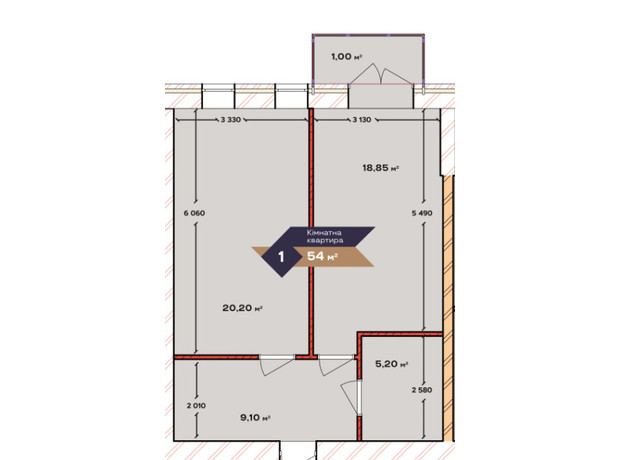 ЖК Status Residence : планировка 1-комнатной квартиры 54 м²