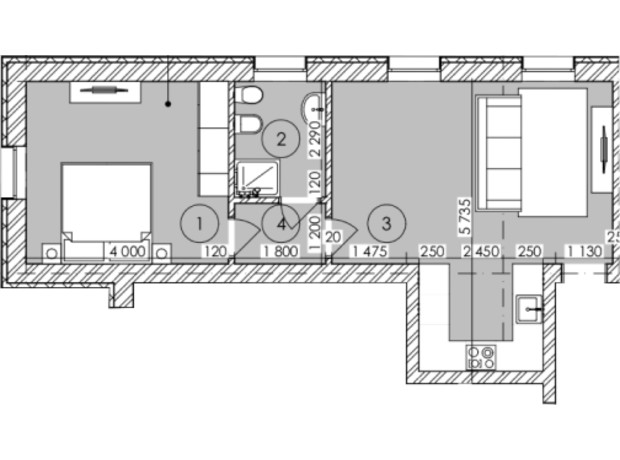 КБ Family Botaniq Garden: планування 2-кімнатної квартири 45.98 м²