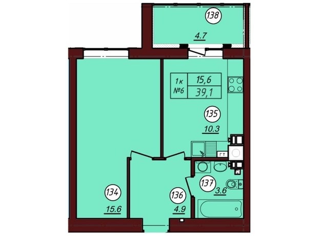 ЖК Соборний: планування 1-кімнатної квартири 39.1 м²