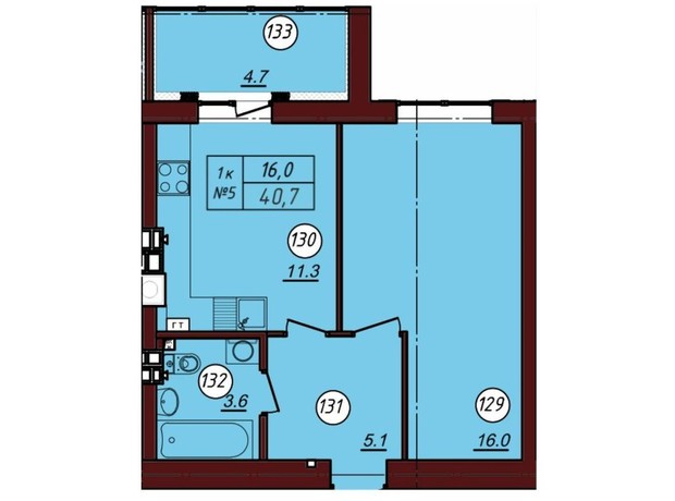 ЖК Соборный: планировка 1-комнатной квартиры 40.7 м²