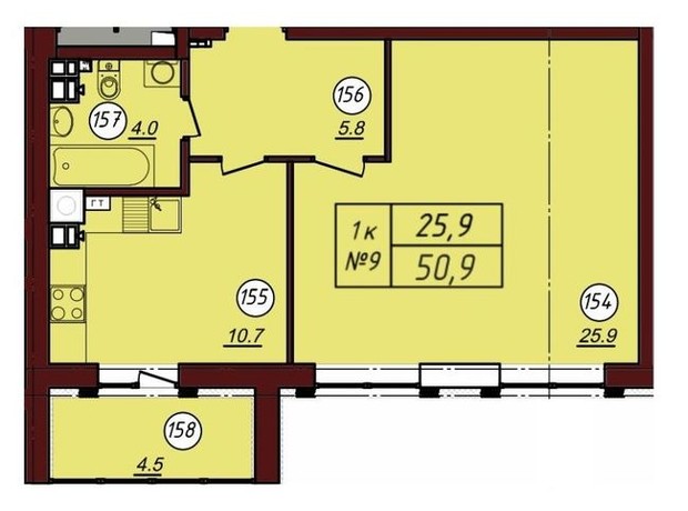 ЖК Соборний: планування 1-кімнатної квартири 50.9 м²
