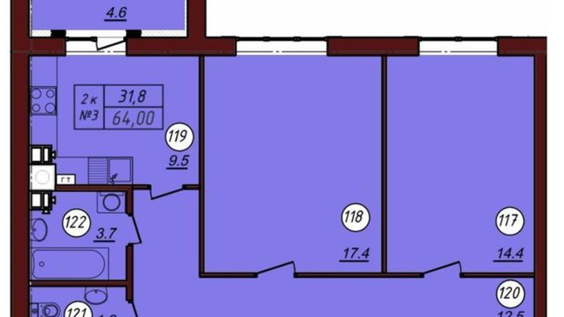 Планировка 2-комнатной квартиры в ЖК Соборный 64 м², фото 339078