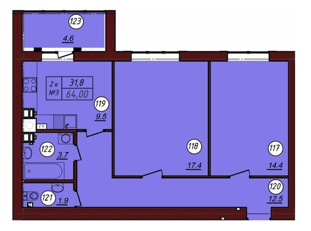 ЖК Соборний: планування 2-кімнатної квартири 64 м²