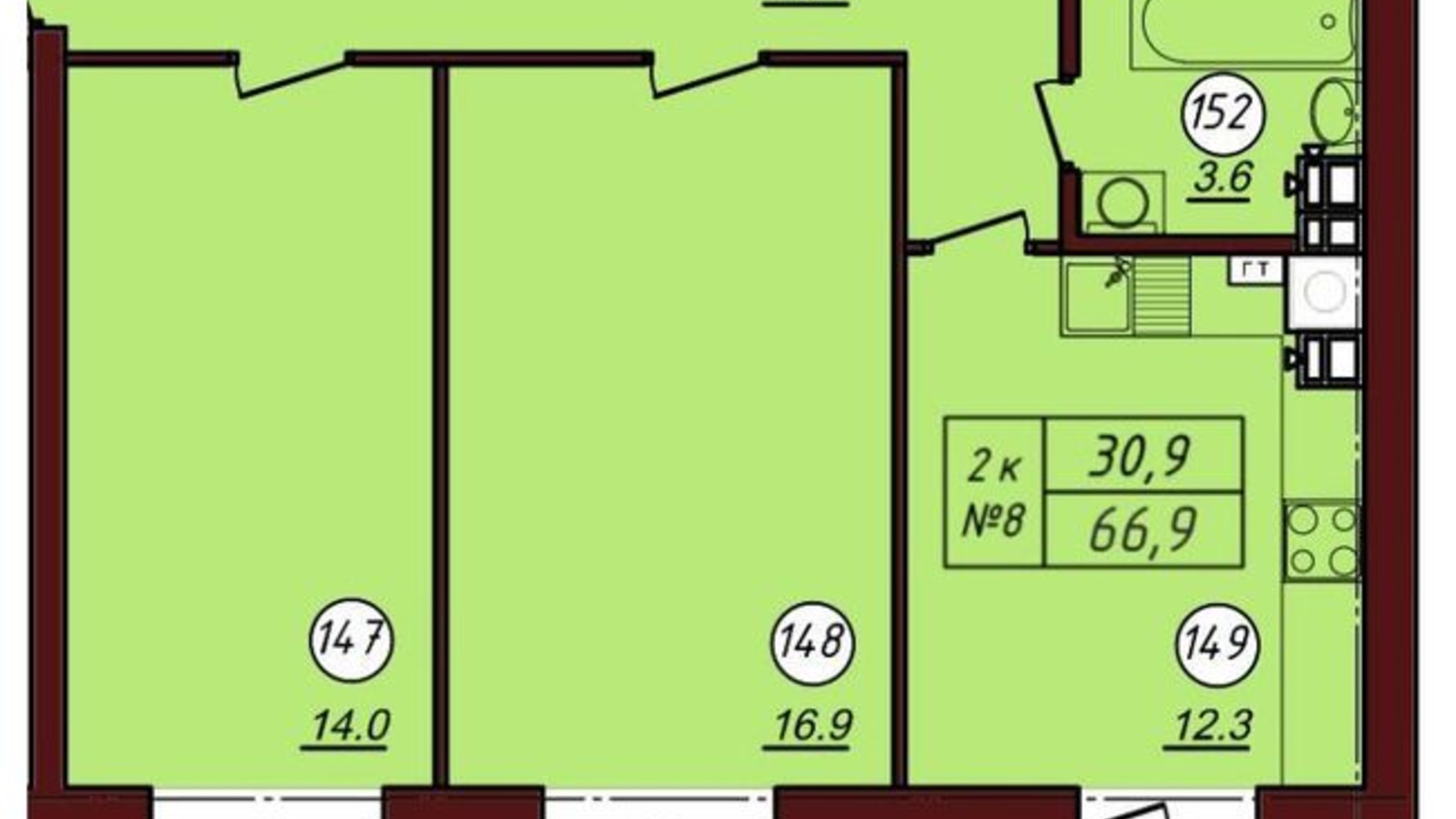 Планування 2-кімнатної квартири в ЖК Соборний 66.9 м², фото 339079