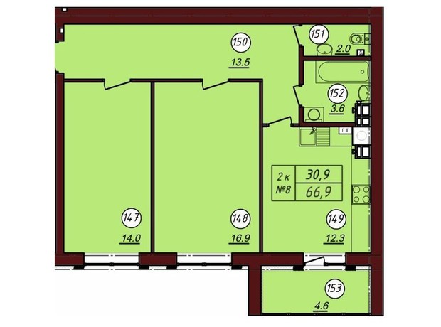 ЖК Соборний: планування 2-кімнатної квартири 66.9 м²