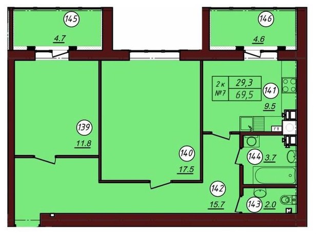 ЖК Соборний: планування 2-кімнатної квартири 69.5 м²