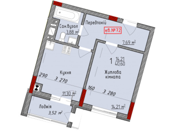 ЖК Deluxe House: планування 1-кімнатної квартири 40.6 м²