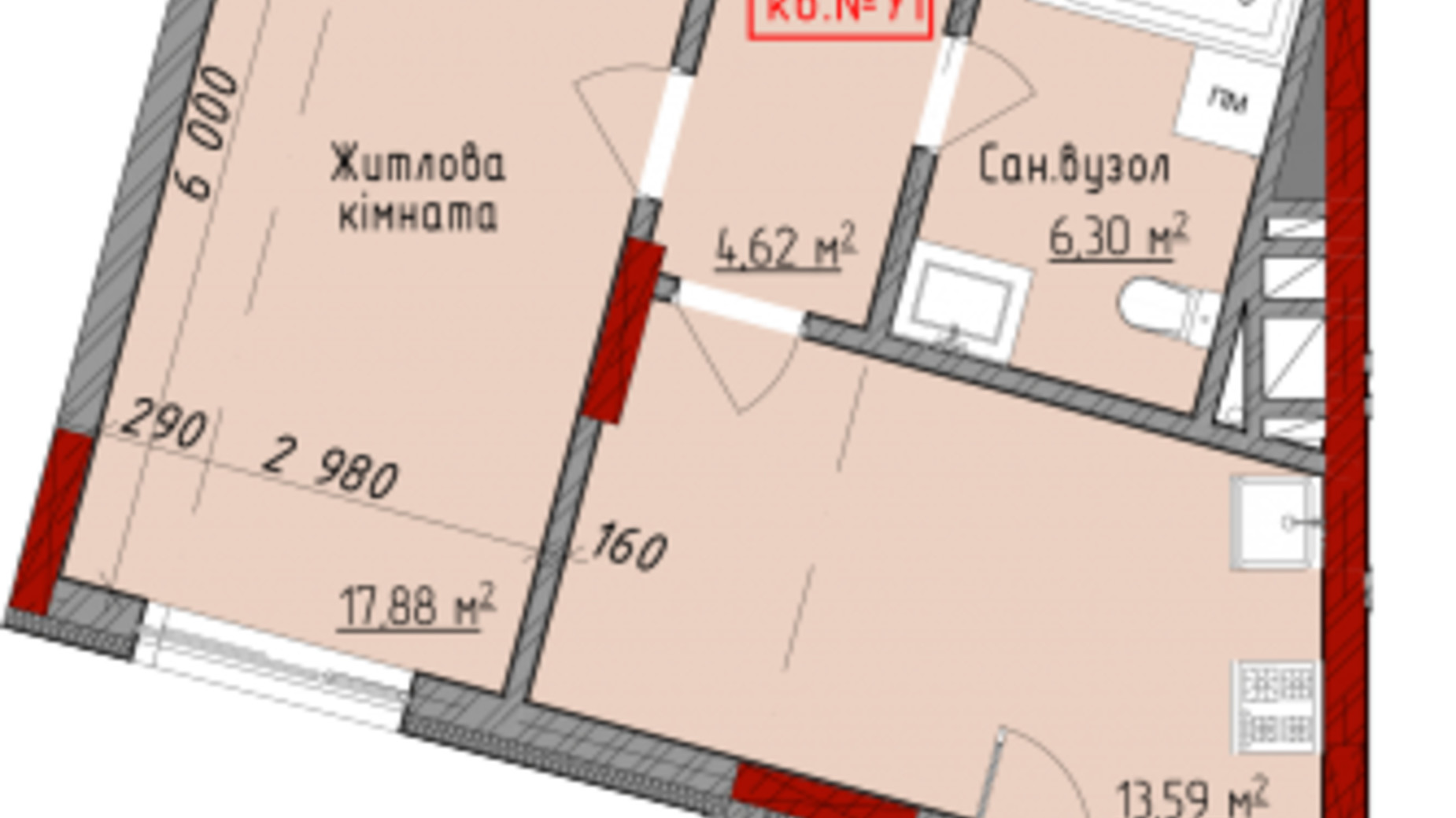 Планировка 1-комнатной квартиры в ЖК Deluxe House 46.5 м², фото 339555