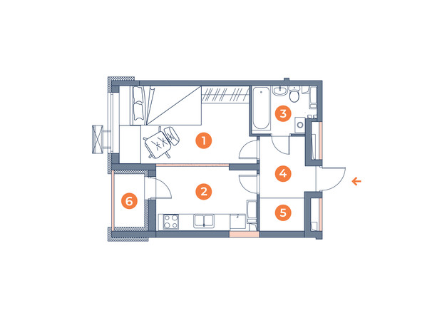 ЖК Orange City: планування 1-кімнатної квартири 38.18 м²