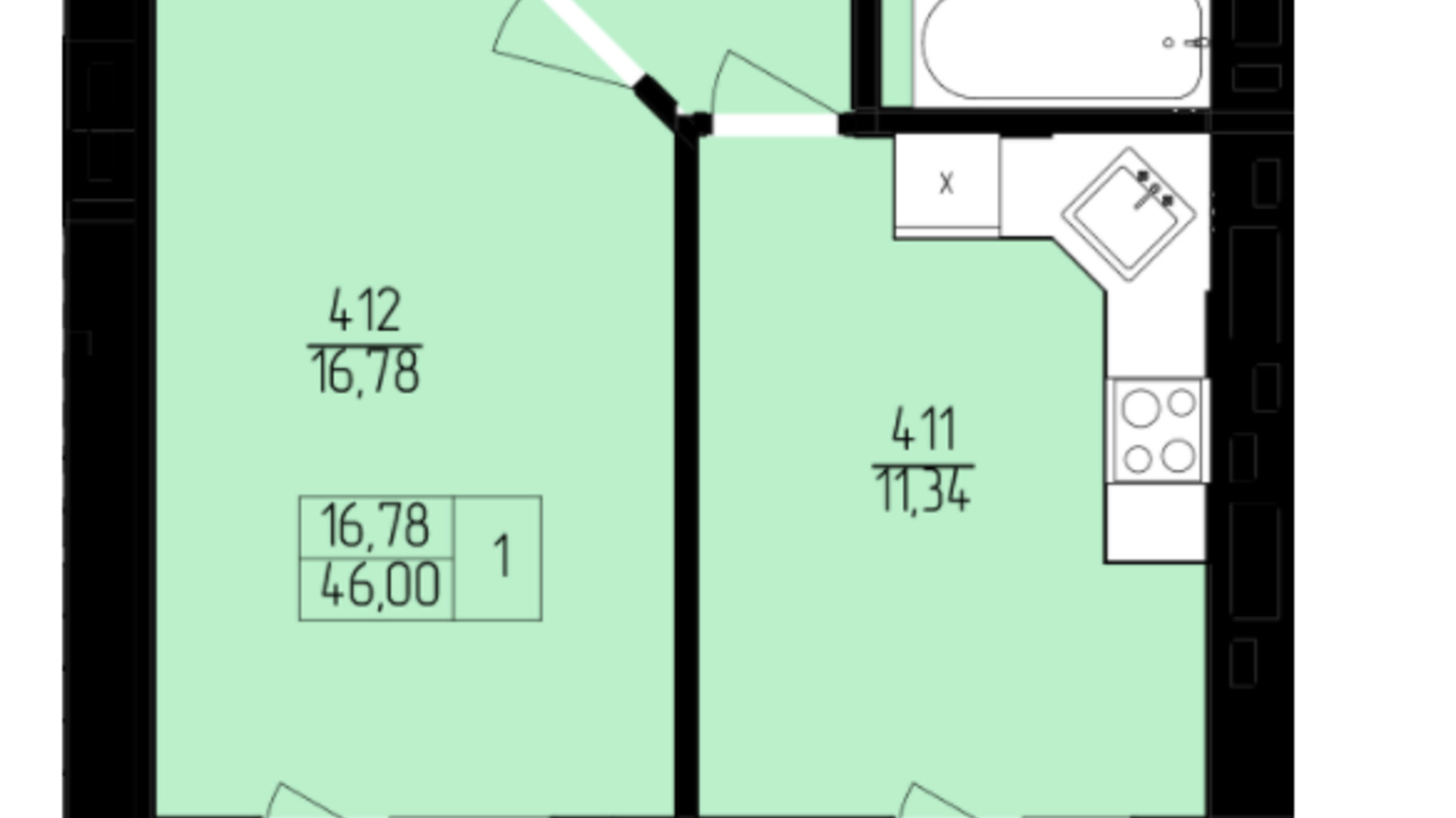 Планировка 1-комнатной квартиры в ЖК Пiвнiчна Фортеця 46 м², фото 339721