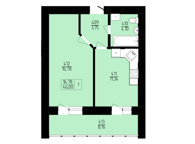 ЖК Пiвнiчна Фортеця: планировка 1-комнатной квартиры 46 м²