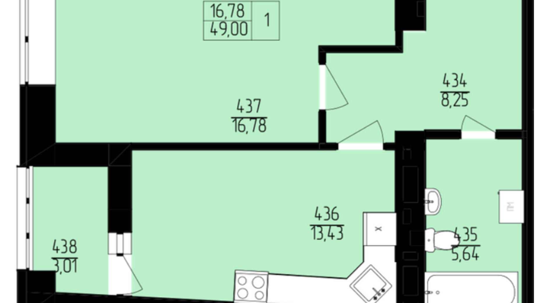 Планировка 1-комнатной квартиры в ЖК Пiвнiчна Фортеця 49 м², фото 339722