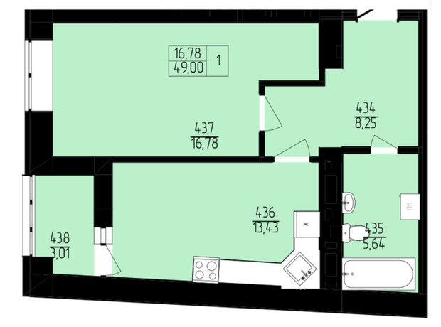 ЖК Пiвнiчна Фортеця: планировка 1-комнатной квартиры 49 м²