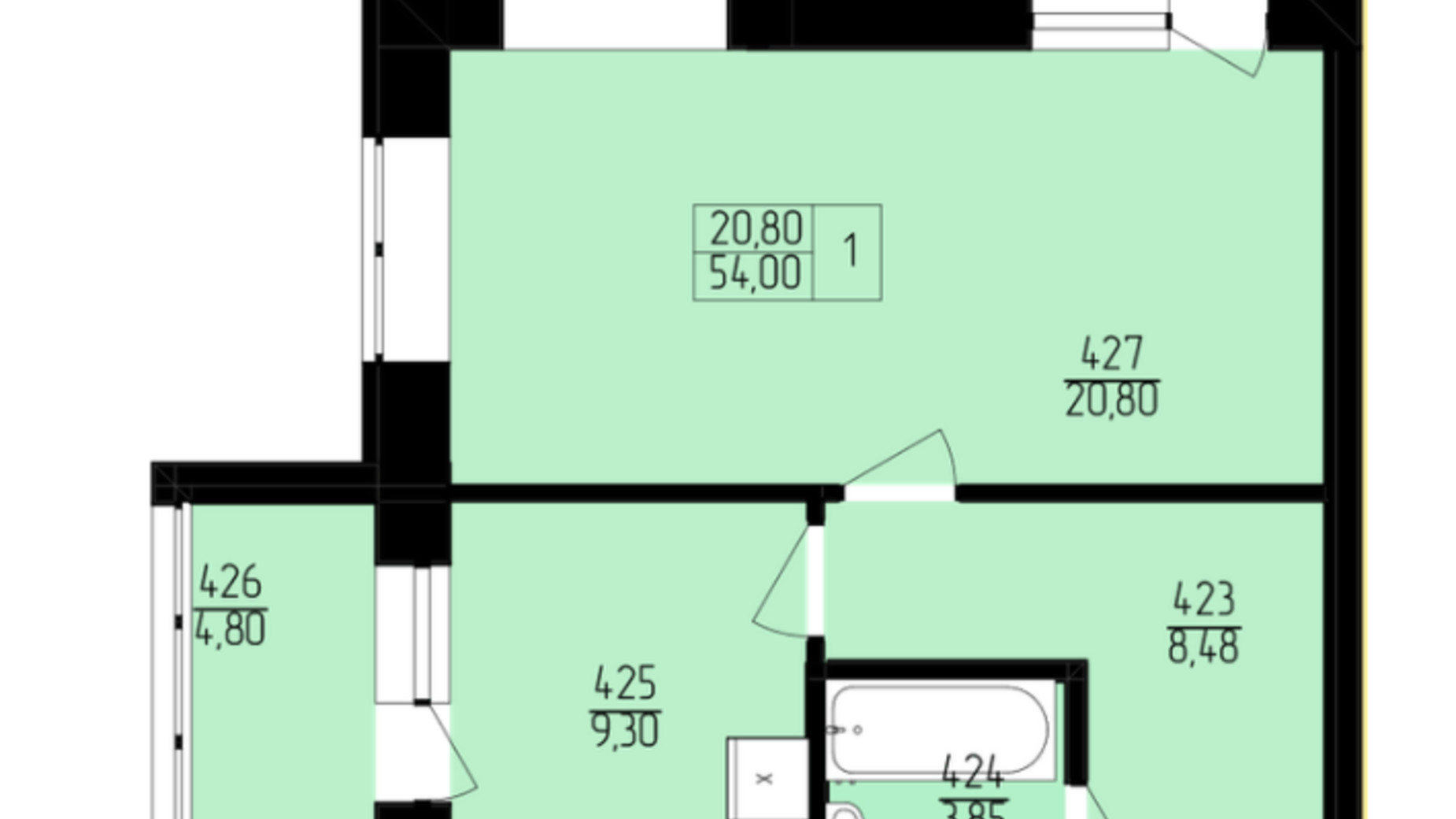 Планировка 1-комнатной квартиры в ЖК Пiвнiчна Фортеця 54 м², фото 339725