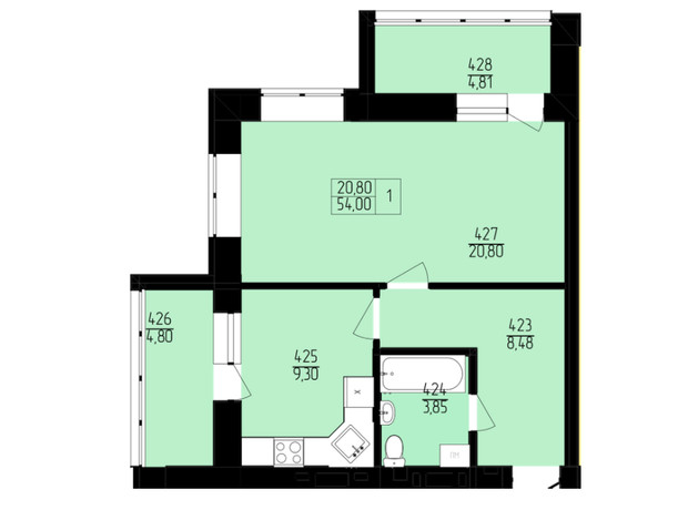 ЖК Пiвнiчна Фортеця: планировка 1-комнатной квартиры 54 м²