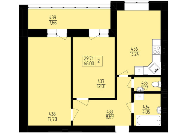 ЖК Пiвнiчна Фортеця: планировка 2-комнатной квартиры 68 м²