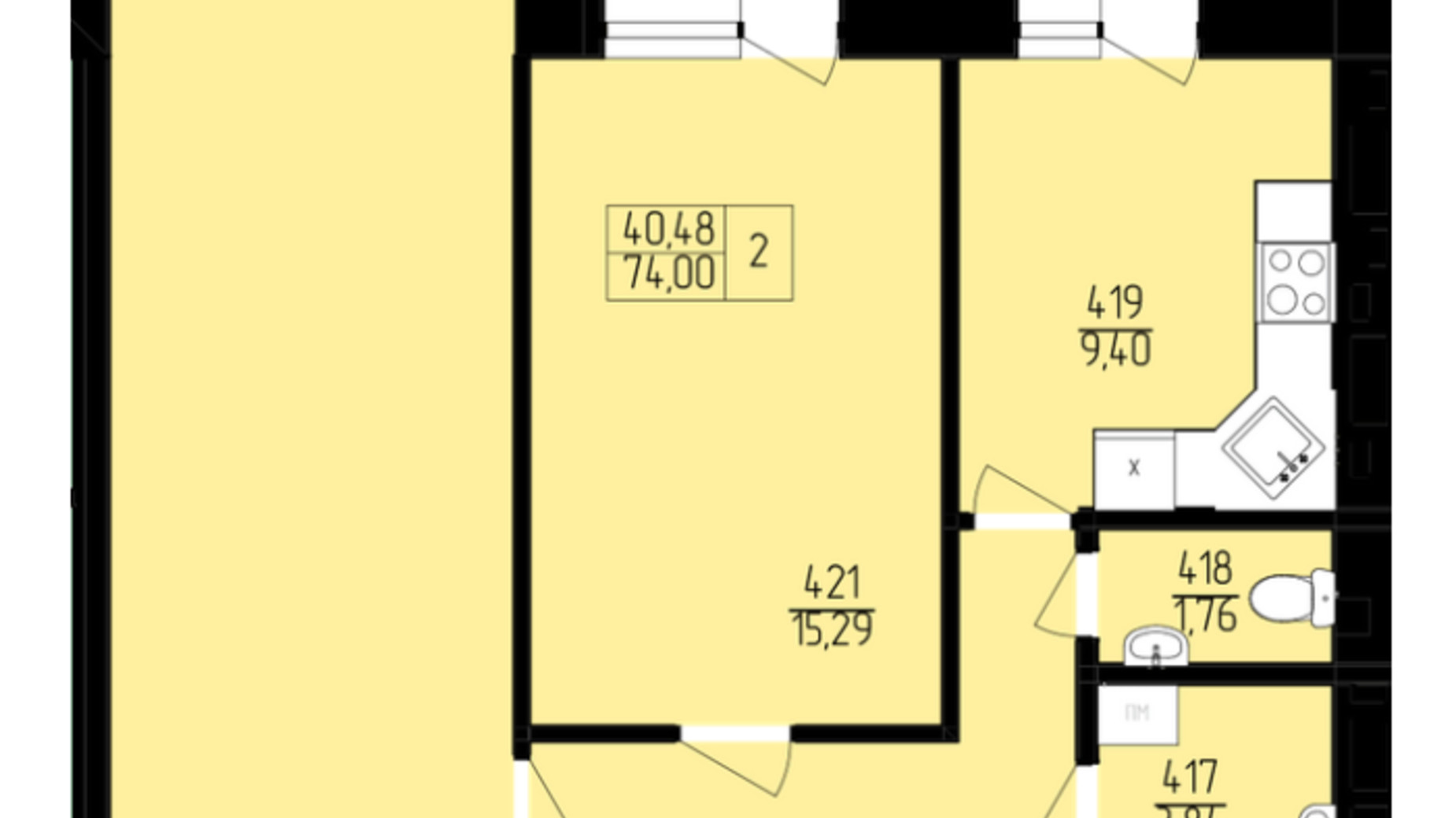 Планування 2-кімнатної квартири в ЖК Пiвнiчна Фортеця 74 м², фото 339727