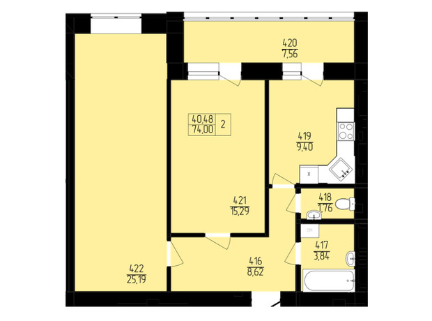 ЖК Пiвнiчна Фортеця: планировка 2-комнатной квартиры 74 м²