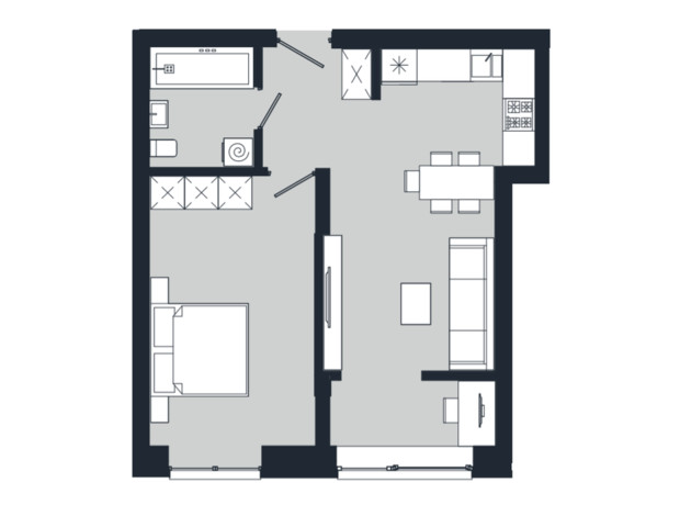 ЖК Vodogray UN1T: планування 1-кімнатної квартири 46.07 м²
