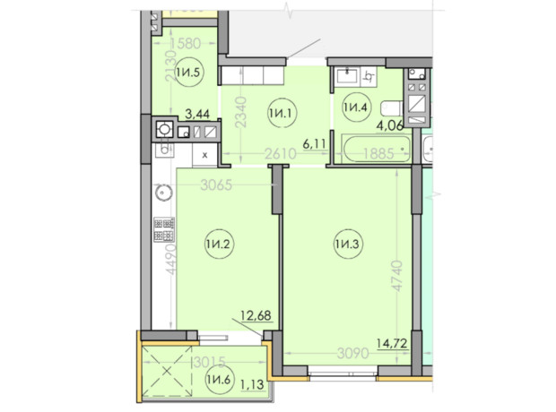 ЖК Family: планировка 1-комнатной квартиры 42.14 м²