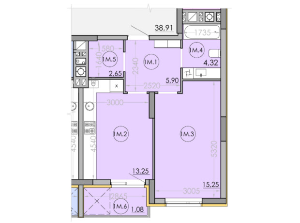 ЖК Family: планування 1-кімнатної квартири 42.45 м²