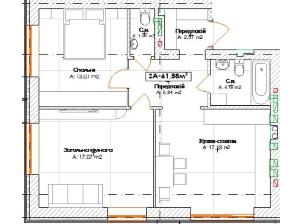 КД  Поема: планировка 2-комнатной квартиры 62 м²