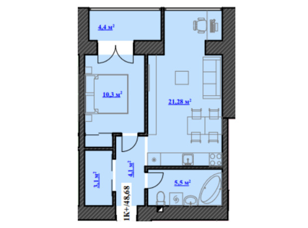 ЖК Юбилейный: планировка 1-комнатной квартиры 48.68 м²