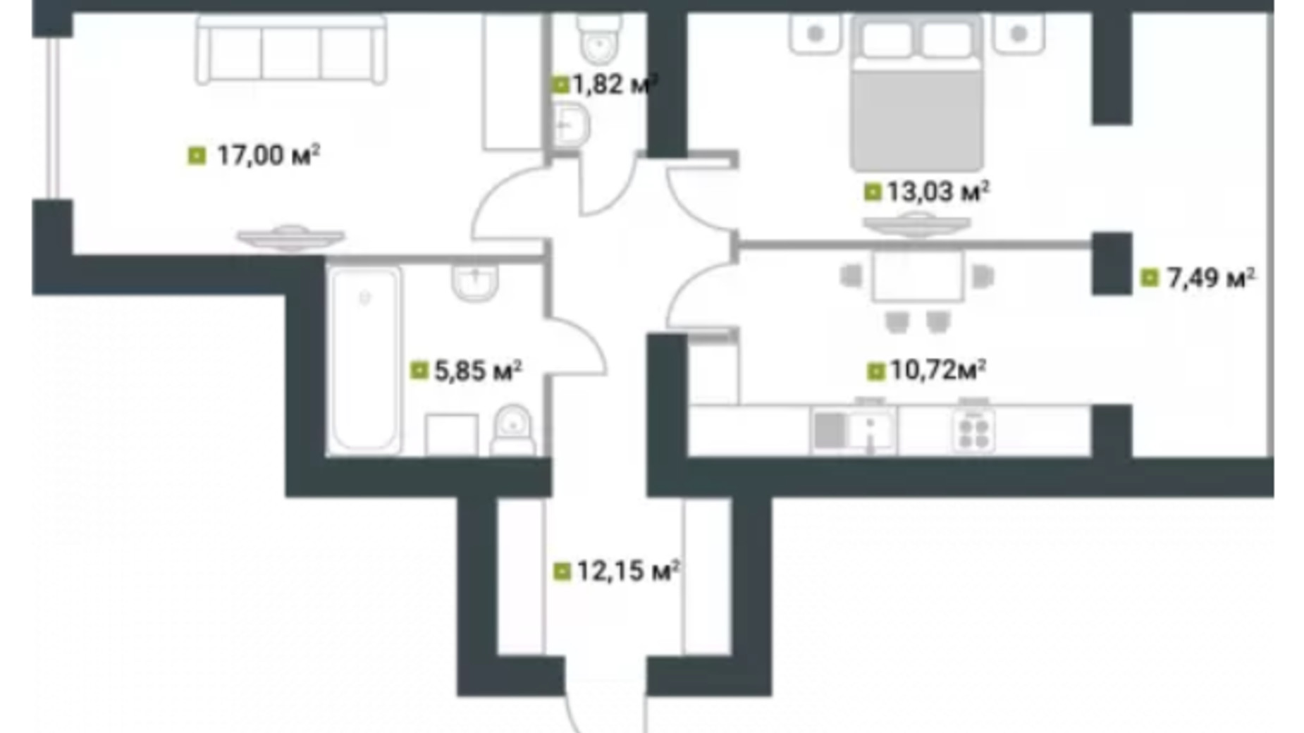 Планування 2-кімнатної квартири в ЖК Idilika 68.4 м², фото 340417