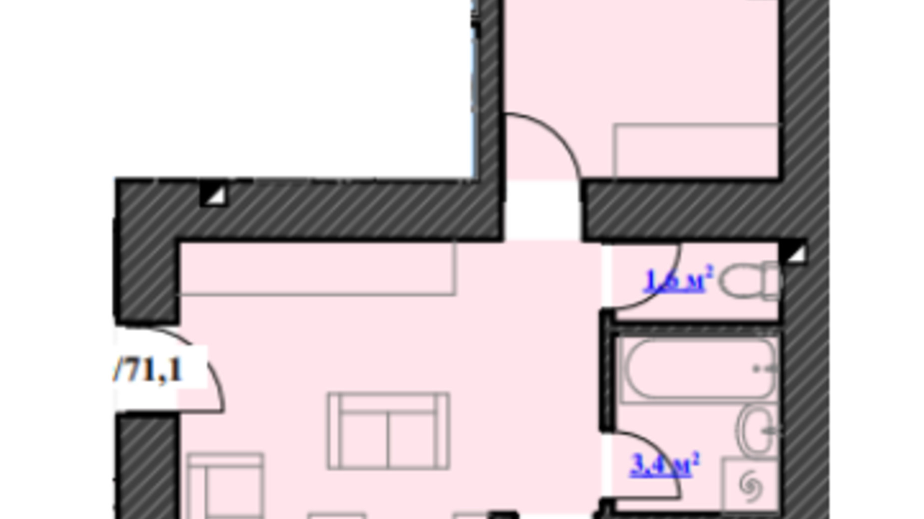 Планировка 2-комнатной квартиры в ЖК Юбилейный 71.1 м², фото 340422