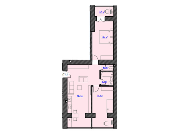 ЖК Юбилейный: планировка 2-комнатной квартиры 71.1 м²