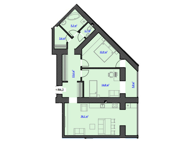 ЖК Юбилейный: планировка 3-комнатной квартиры 86.2 м²
