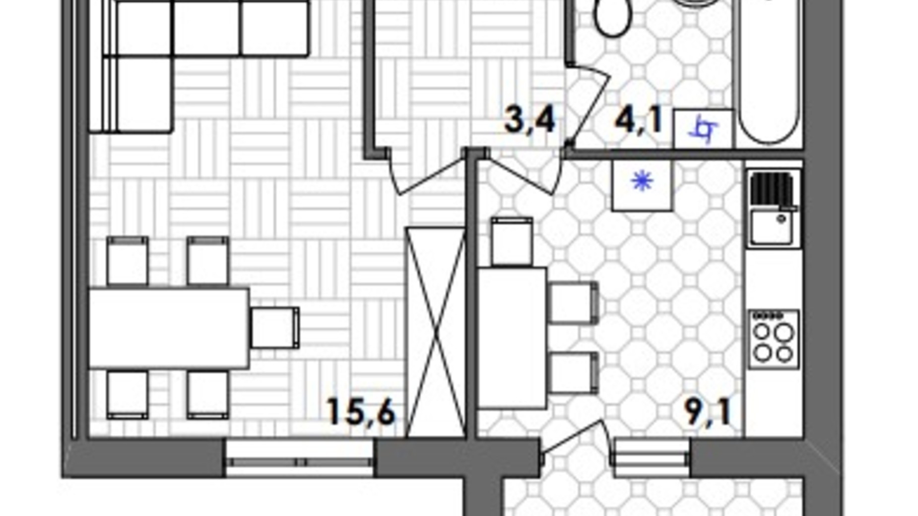 Планировка 1-комнатной квартиры в ЖК Лука Сити 35.8 м², фото 340458