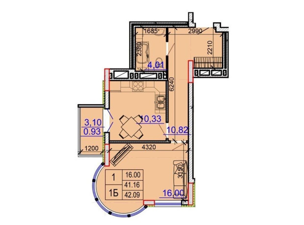 ЖК Grand Palace: планировка 1-комнатной квартиры 42.09 м²