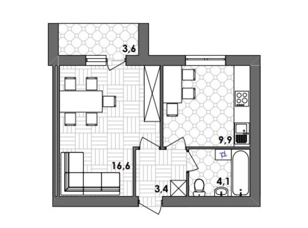 ЖК Лука Сити: планировка 1-комнатной квартиры 37.6 м²