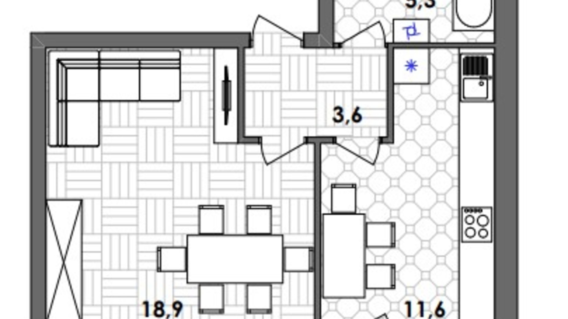 Планировка 2-комнатной квартиры в ЖК Лука Сити 59.7 м², фото 340474