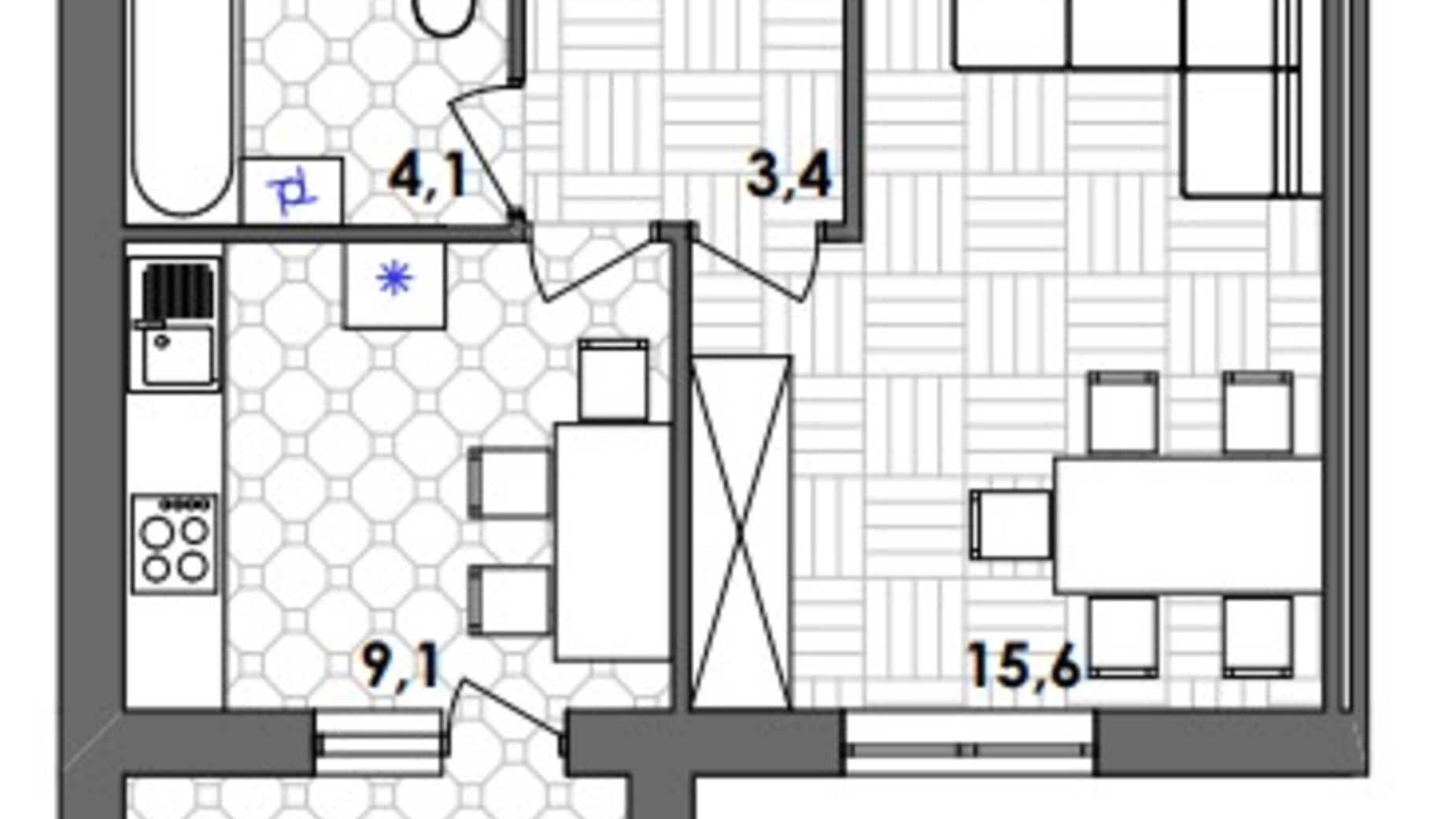 Планування 1-кімнатної квартири в ЖК Лука Сіті 35.8 м², фото 340476