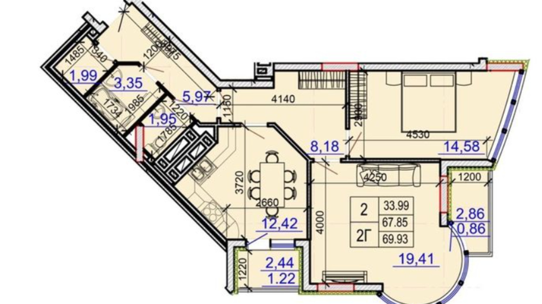 Планировка 2-комнатной квартиры в ЖК Grand Palace 69.93 м², фото 340477